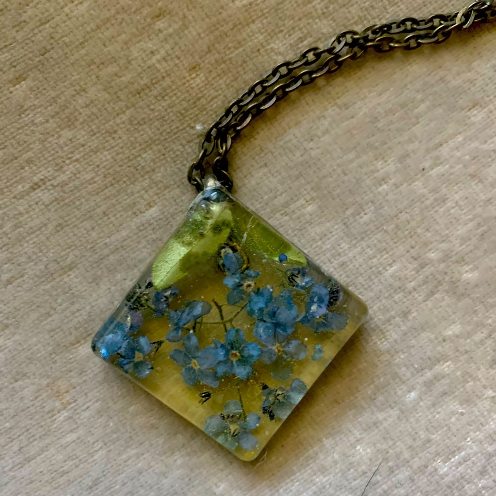 Blown multi color glass squared pressed flower necklace